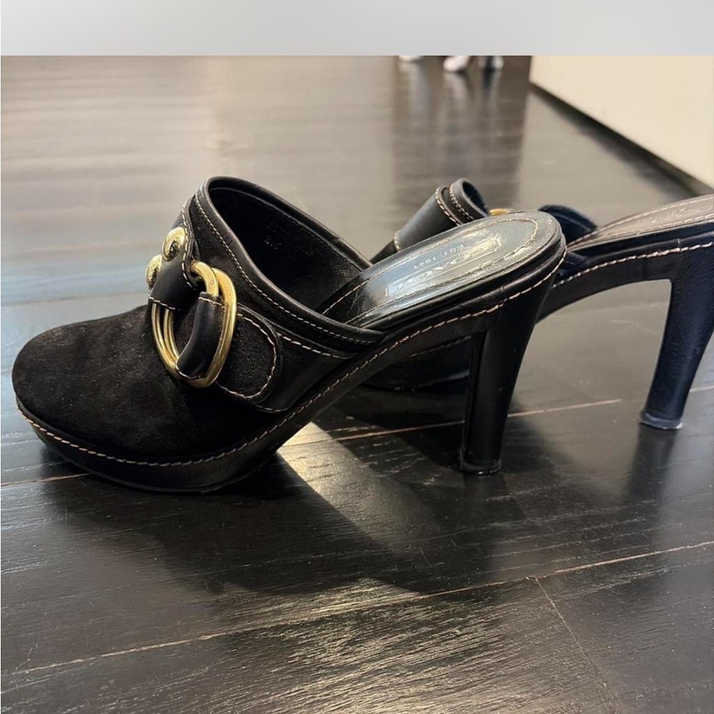 Coach Black Suede Slip-On Heeled Mule with Gold Buckle